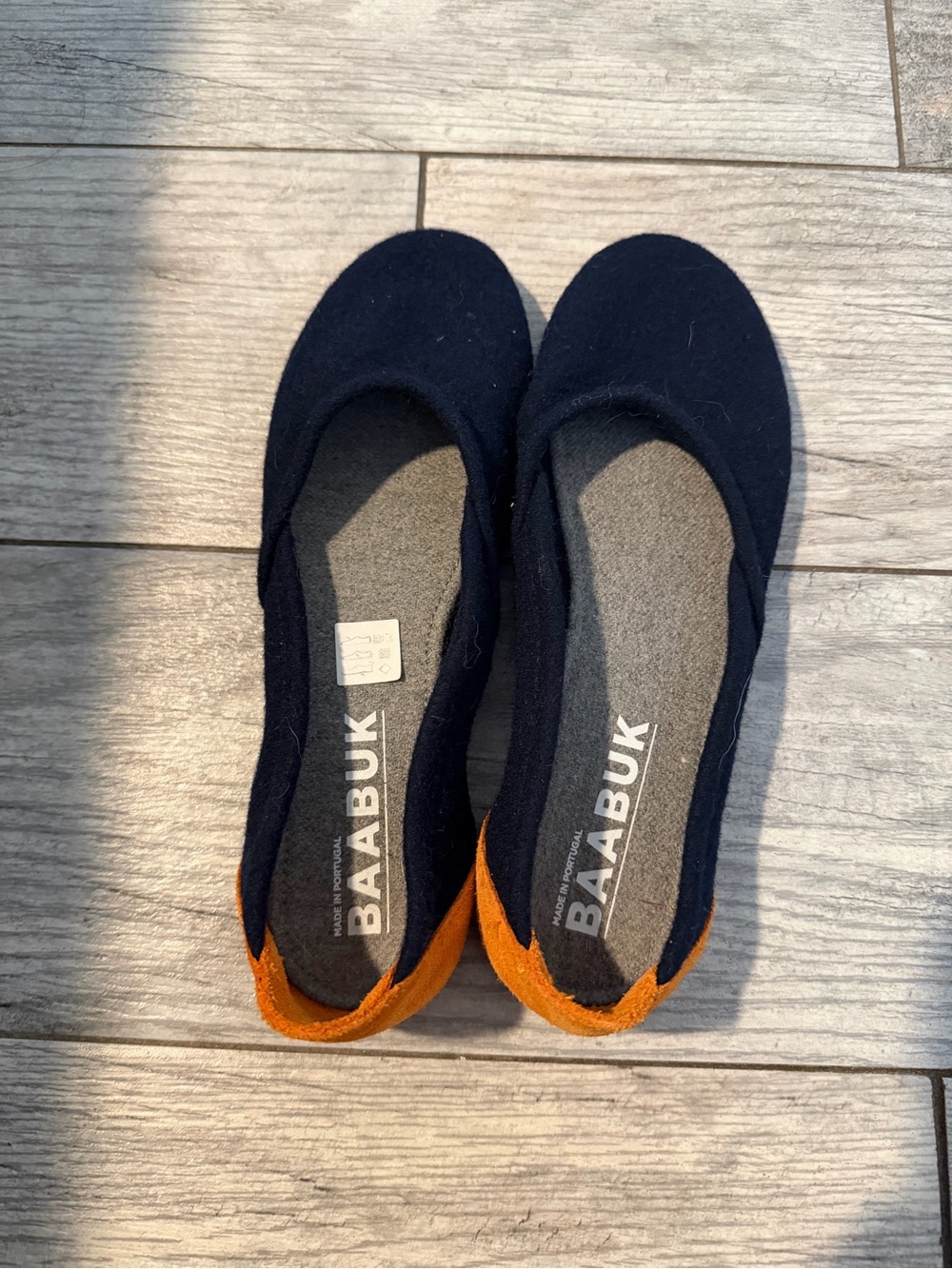 Women's Navy Ballet Flats with Orange Heel Accent